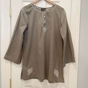 Madison Mathews Tunic Shirt Top Blouse Olive Green Size Large 100% Cotton